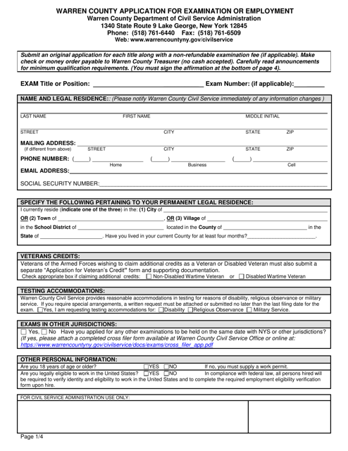 Application for Examination or Employment - Warren County, New York Download Pdf