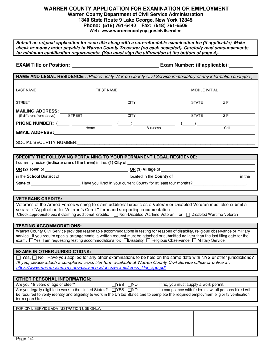 Warren County New York Application For Examination Or Employment Fill Out Sign Online And 2259