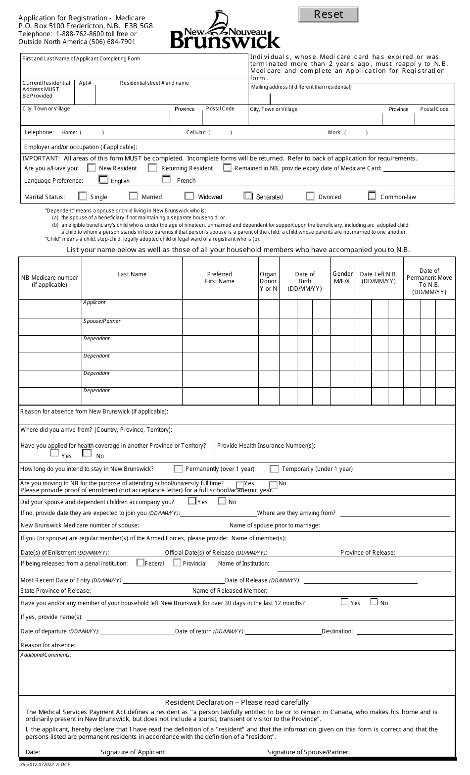 Form 35-5012 Application for Registration - Medicare - New Brunswick, Canada, Page 1