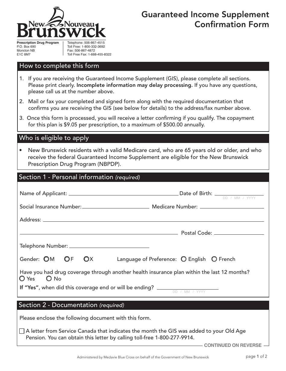 Form 892E Guaranteed Income Supplement Confirmation Form - New Brunswick, Canada, Page 1