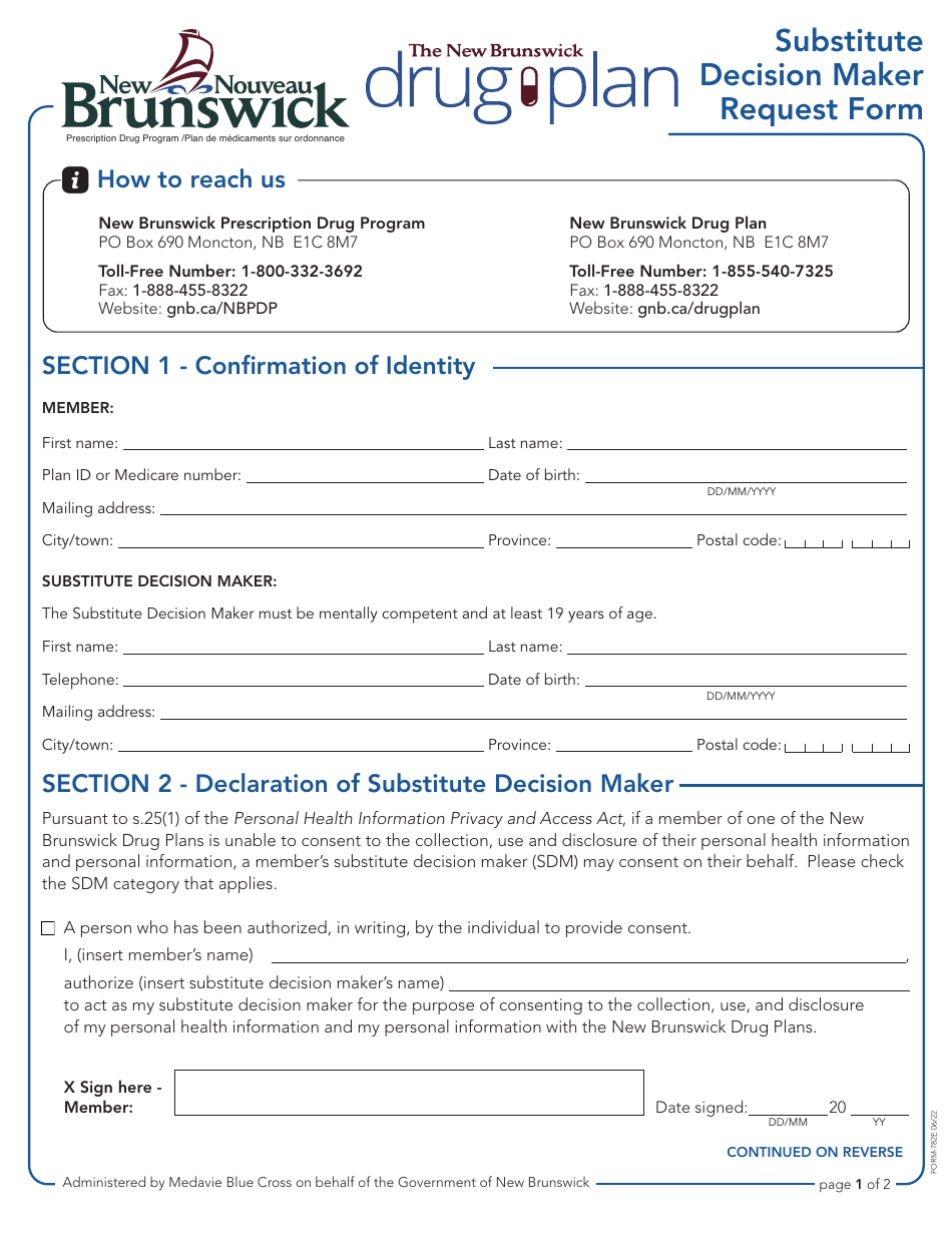 Form 782E Substitute Decision Maker Request Form - New Brunswick, Canada, Page 1