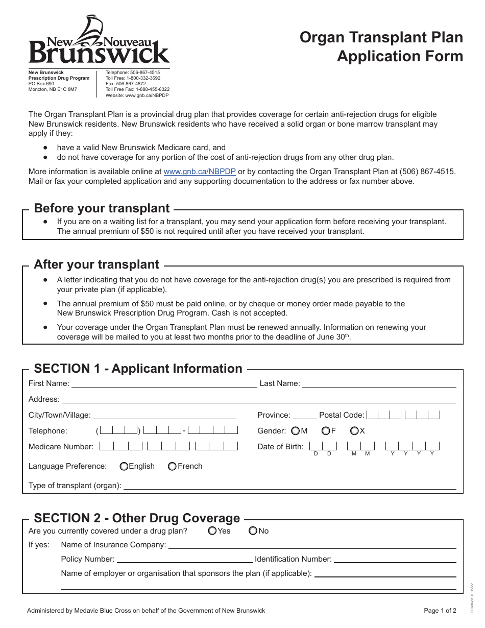 Form 810E Organ Transplant Plan Application Form - New Brunswick, Canada, Page 1