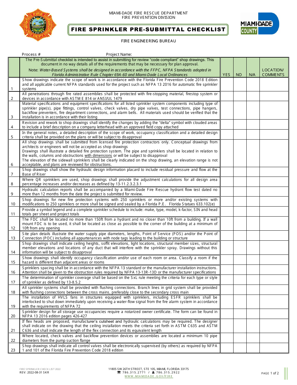 Fire Sprinkler Pre-submittal Checklist - Miami-Dade County, Florida, Page 1