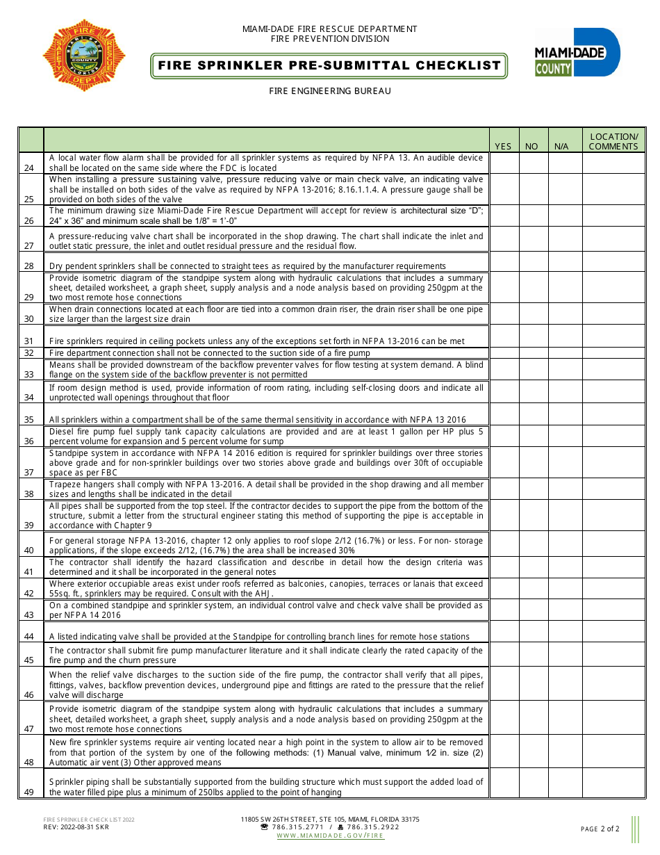 Fire Sprinkler Pre-submittal Checklist - Miami-Dade County, Florida, Page 2