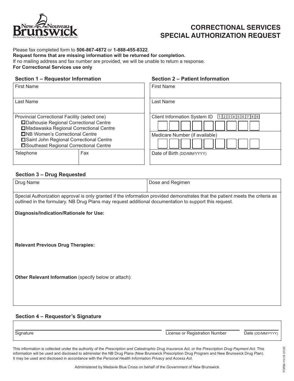 Form 1141E Correctional Services Special Authorization Request - New Brunswick, Canada, Page 1