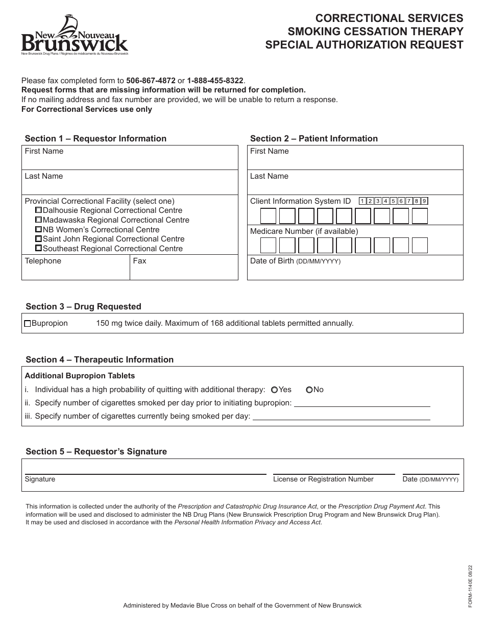 Form 1140E Correctional Services Smoking Cessation Therapy Special Authorization Request - New Brunswick, Canada, Page 1