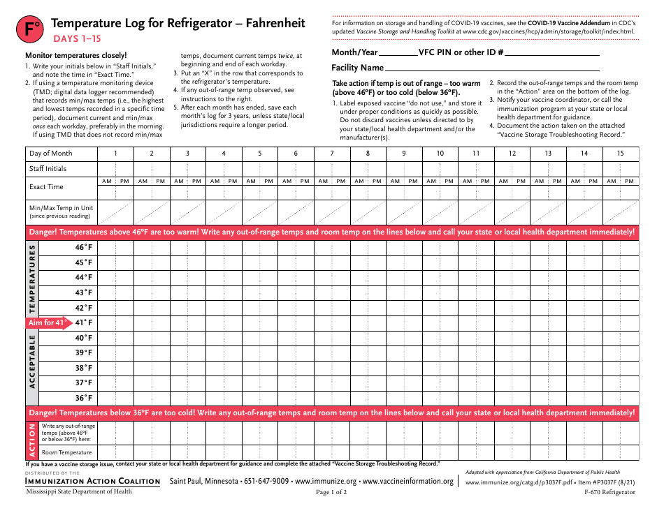 Form F-670 Temperature Log for Refrigerator - Fahrenheit - Mississippi, Page 1