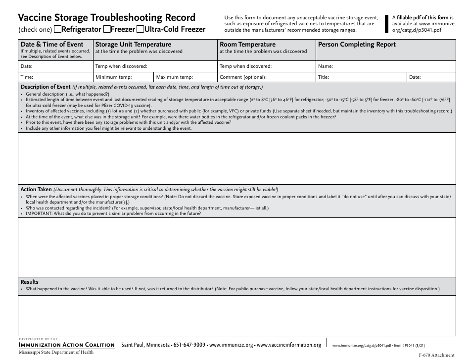 Form F-670 Temperature Log for Refrigerator - Fahrenheit - Mississippi, Page 3