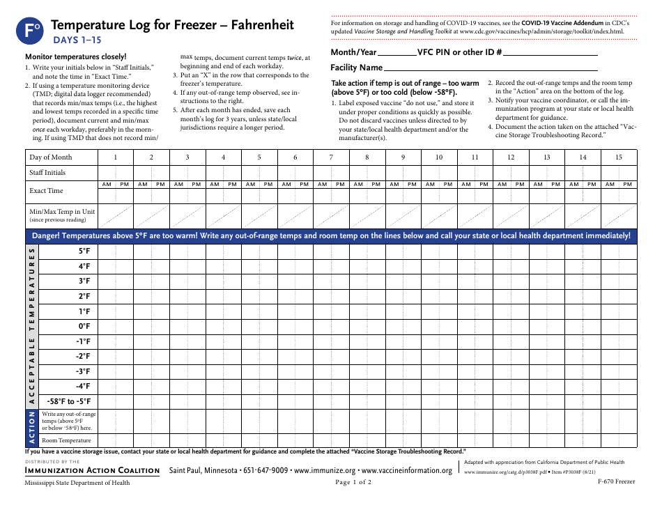 Form F-670F Temperature Log for Freezer - Fahrenheit - Mississippi, Page 1