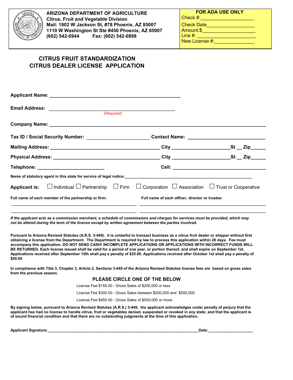 Citrus Fruit Standardization Citrus Dealer License Application - Arizona, Page 1