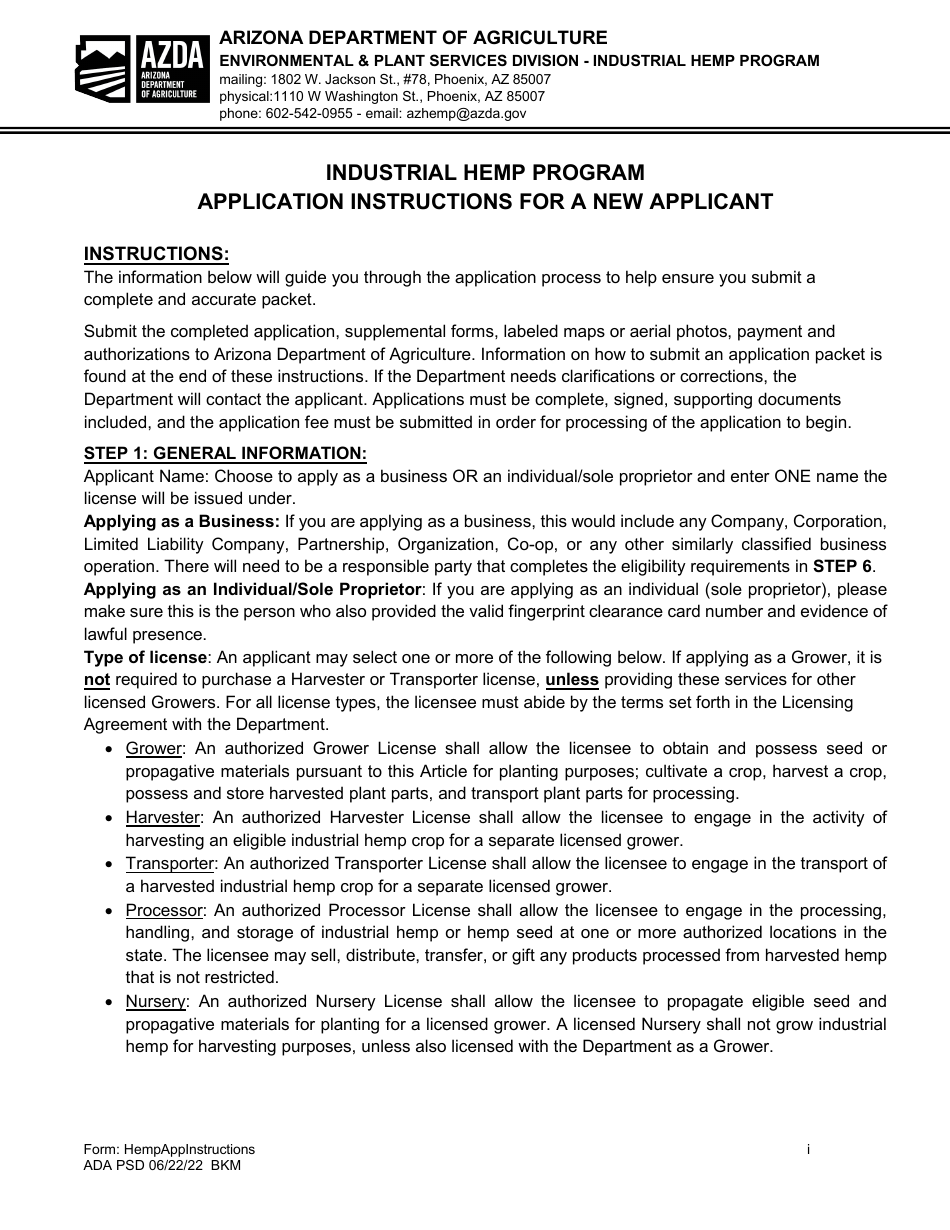 Instructions for New Applicant - Industrial Hemp Program - Arizona, Page 1