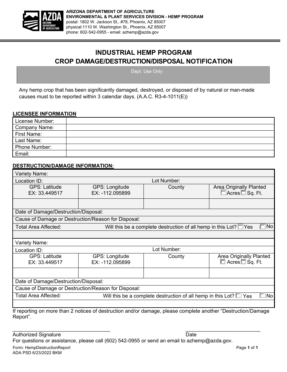 Crop Damage / Destruction / Disposal Notification - Industrial Hemp Program - Arizona, Page 1