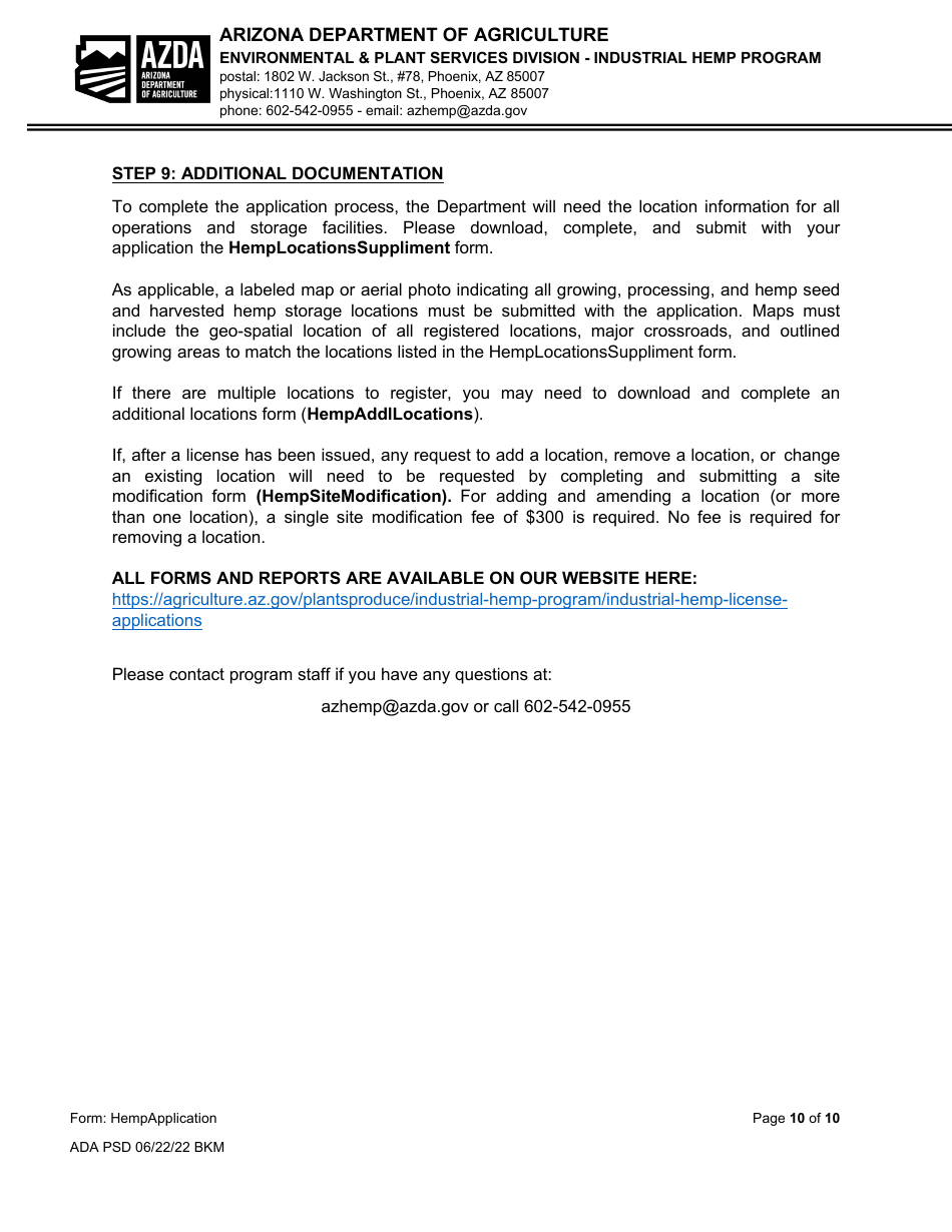 Industrial Hemp Program Application - Arizona, Page 10