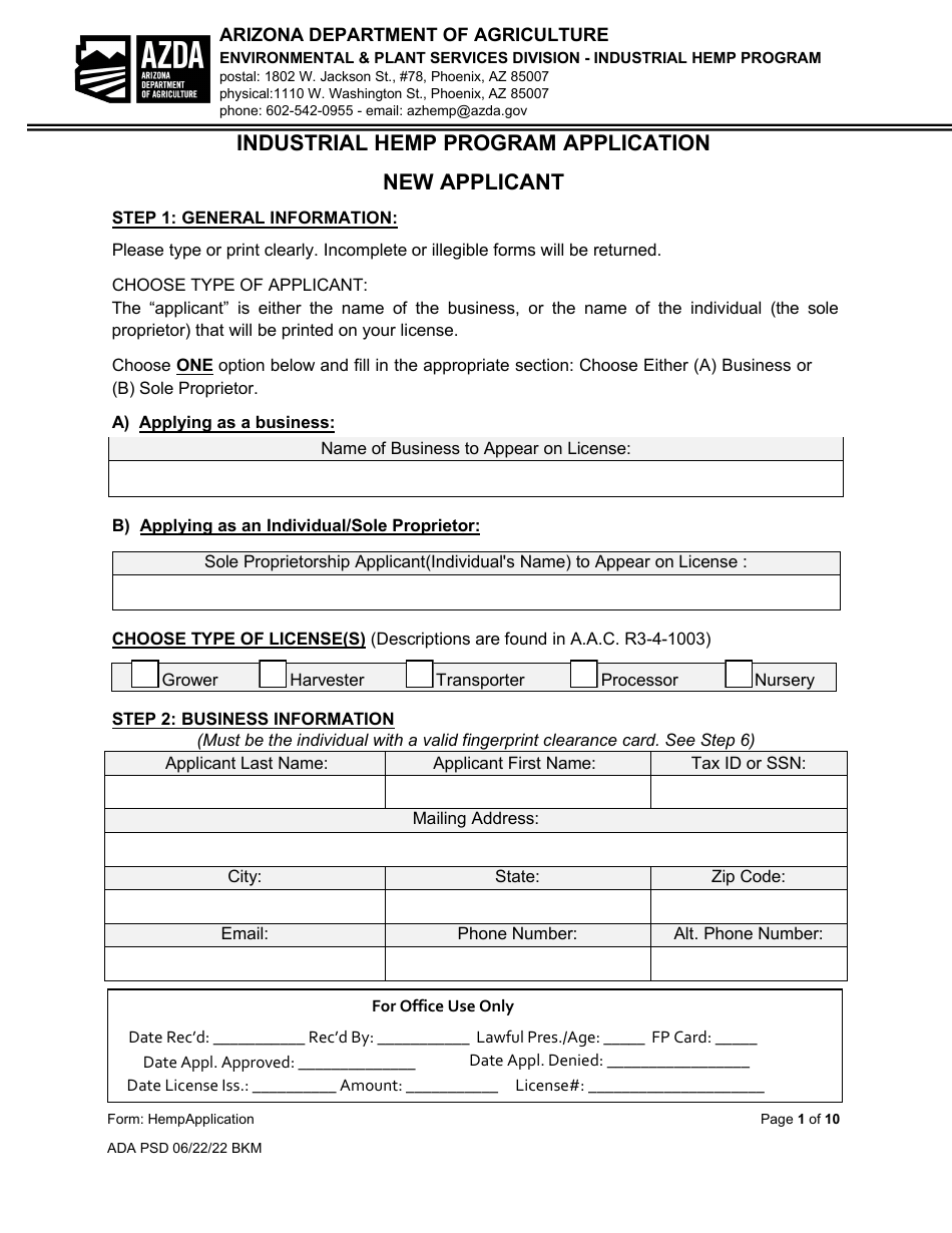 Industrial Hemp Program Application - Arizona, Page 1