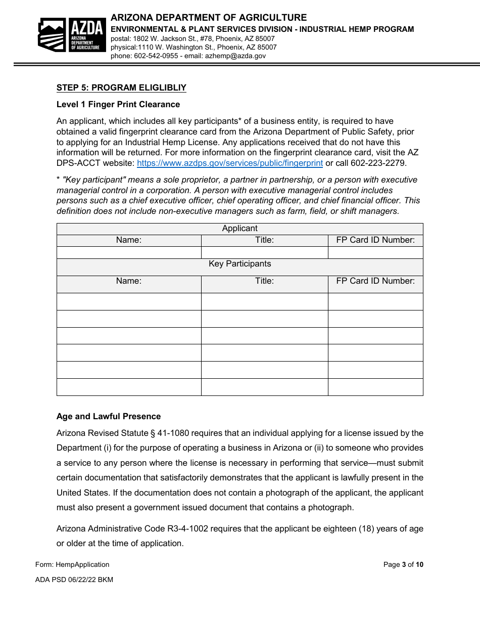 Industrial Hemp Program Application - Arizona, Page 3