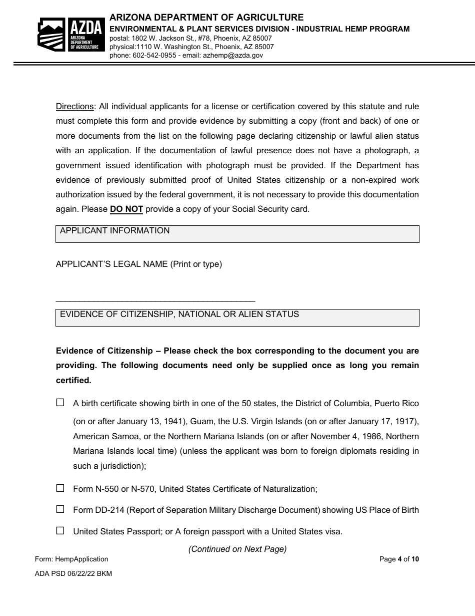 Industrial Hemp Program Application - Arizona, Page 4