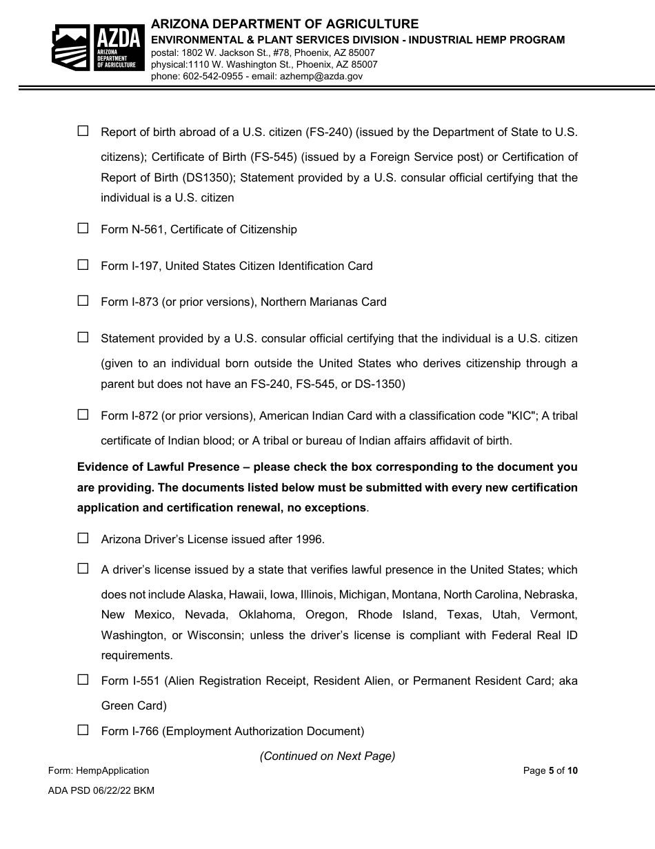 Industrial Hemp Program Application - Arizona, Page 5