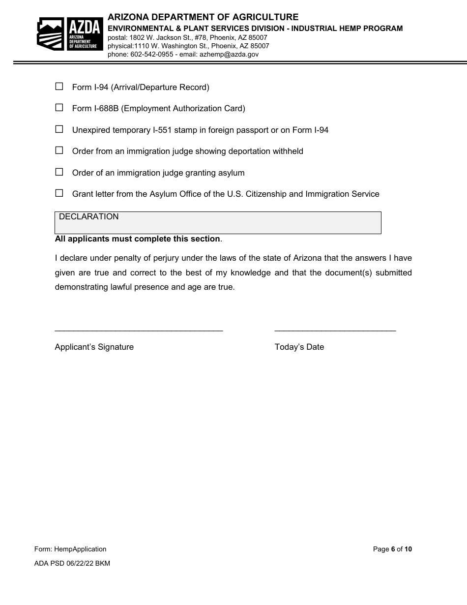 Industrial Hemp Program Application - Arizona, Page 6