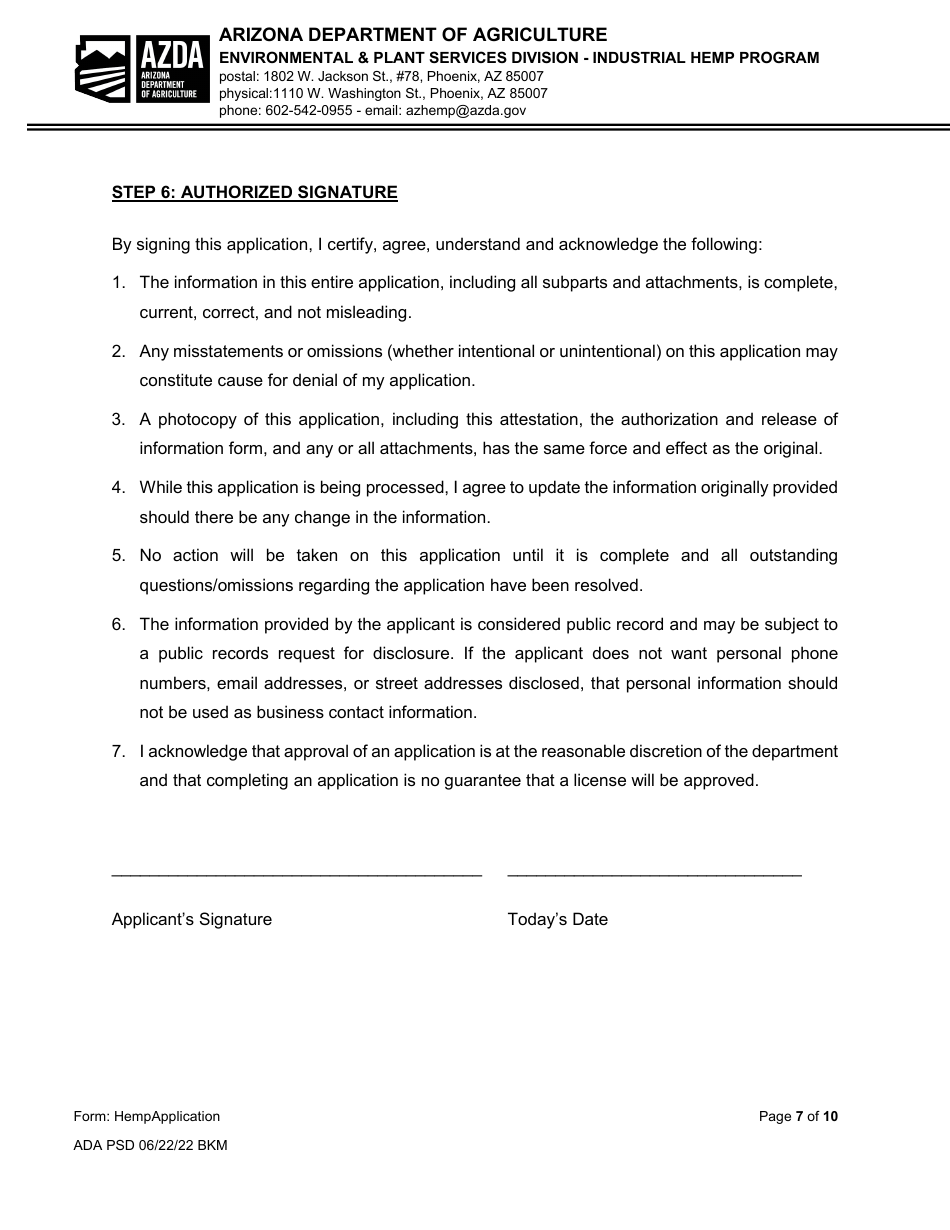 Industrial Hemp Program Application - Arizona, Page 7