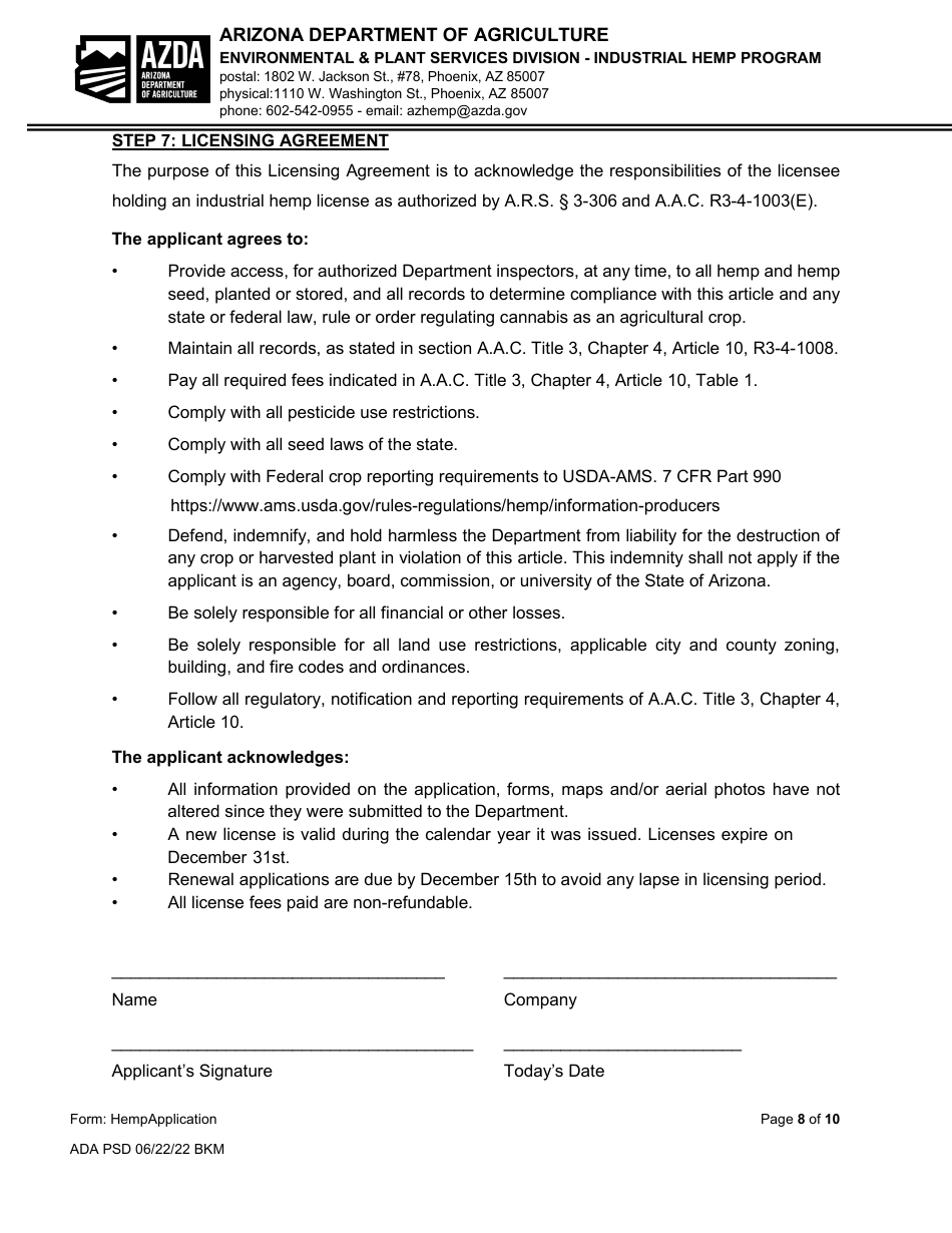 Industrial Hemp Program Application - Arizona, Page 8