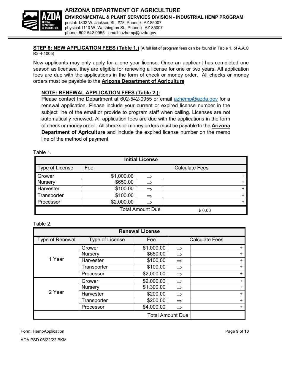 Industrial Hemp Program Application - Arizona, Page 9