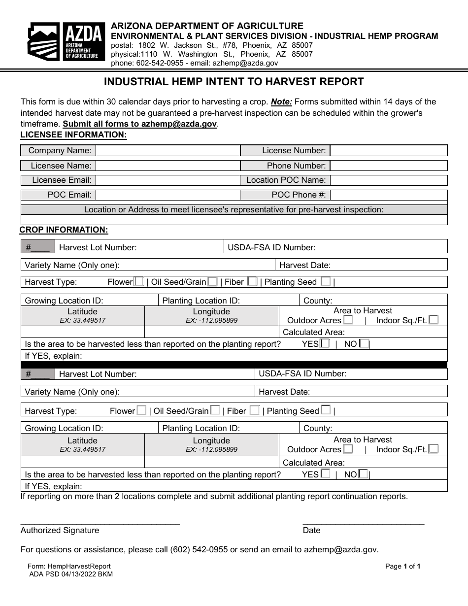 Arizona Industrial Hemp Intent to Harvest Report - Fill Out, Sign ...