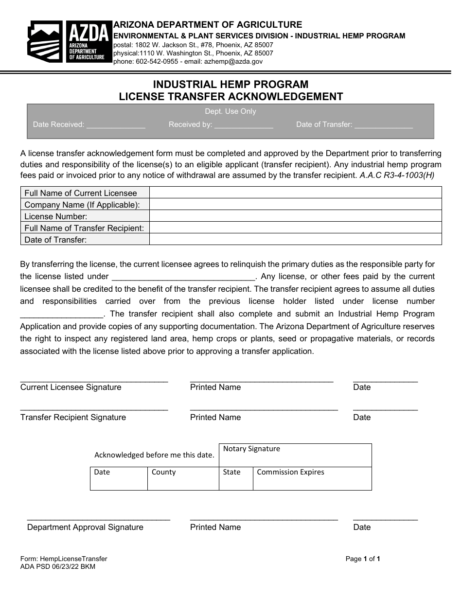 License Transfer Acknowledgeme - Industrial Hemp Program - Arizona, Page 1