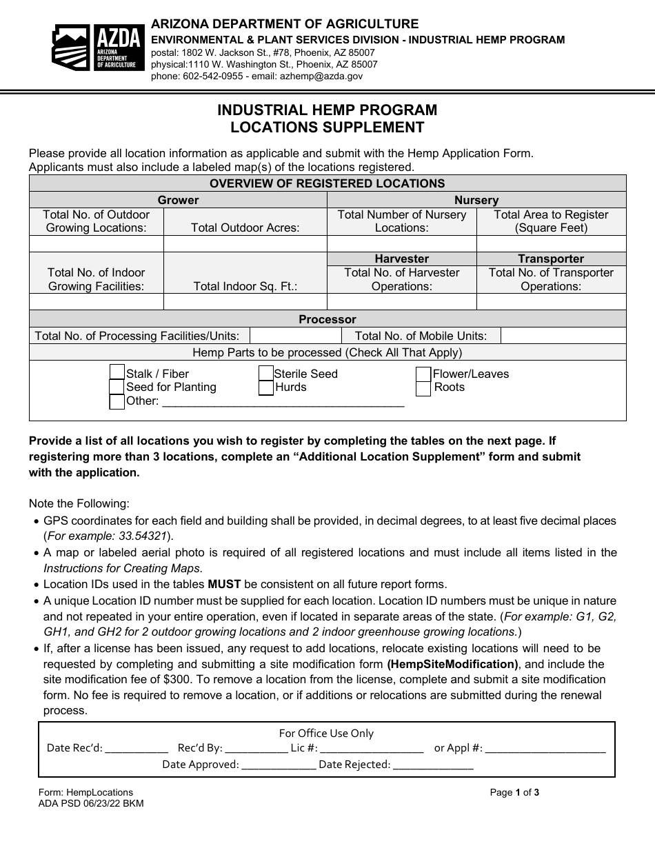 Locations Supplement - Industrial Hemp Program - Arizona, Page 1
