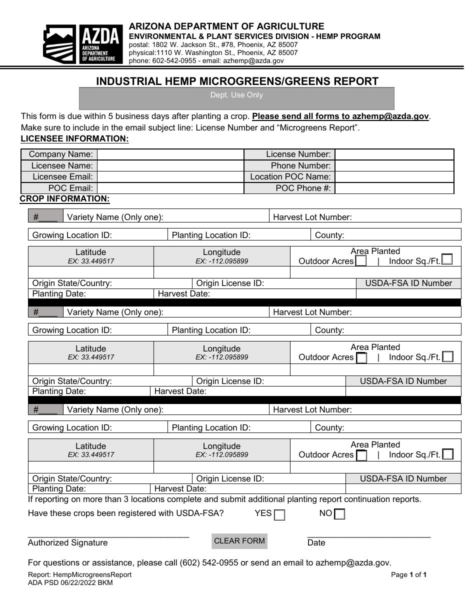 Industrial Hemp Microgreens / Greens Report - Arizona, Page 1