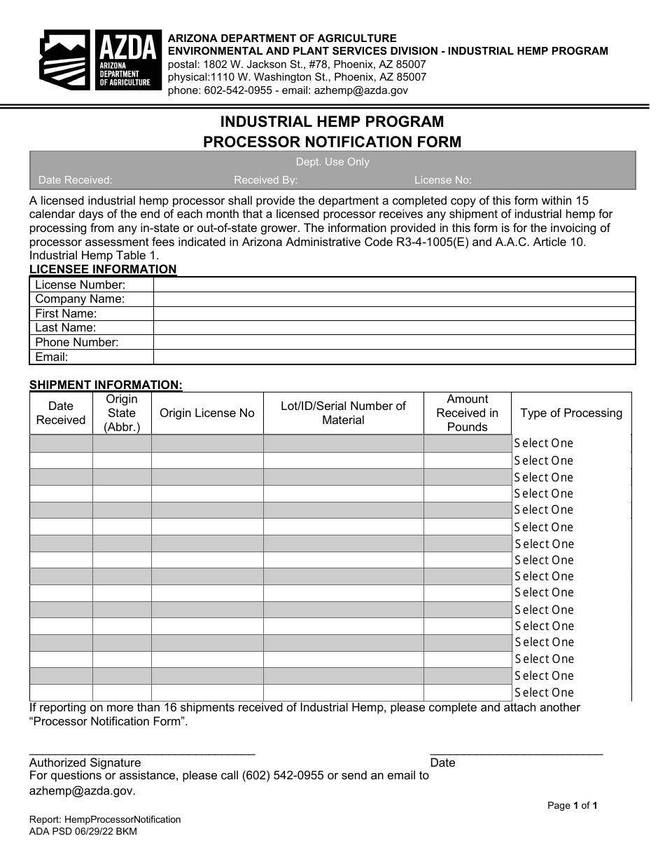 Processor Notification Form - Industrial Hemp Program - Arizona, Page 1