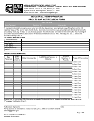 Document preview: Processor Notification Form - Industrial Hemp Program - Arizona