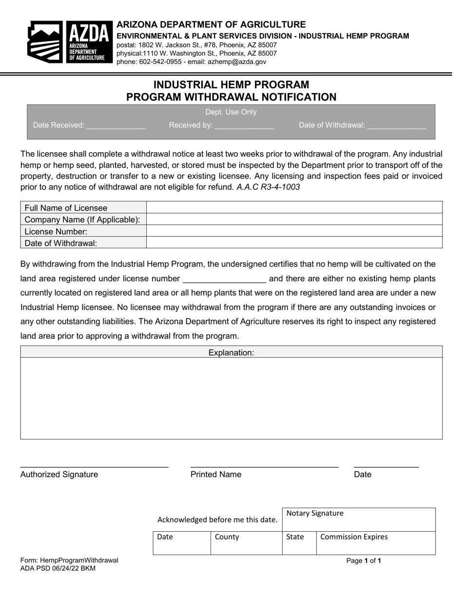 Program Withdrawal Notification - Industrial Hemp Program - Arizona, Page 1