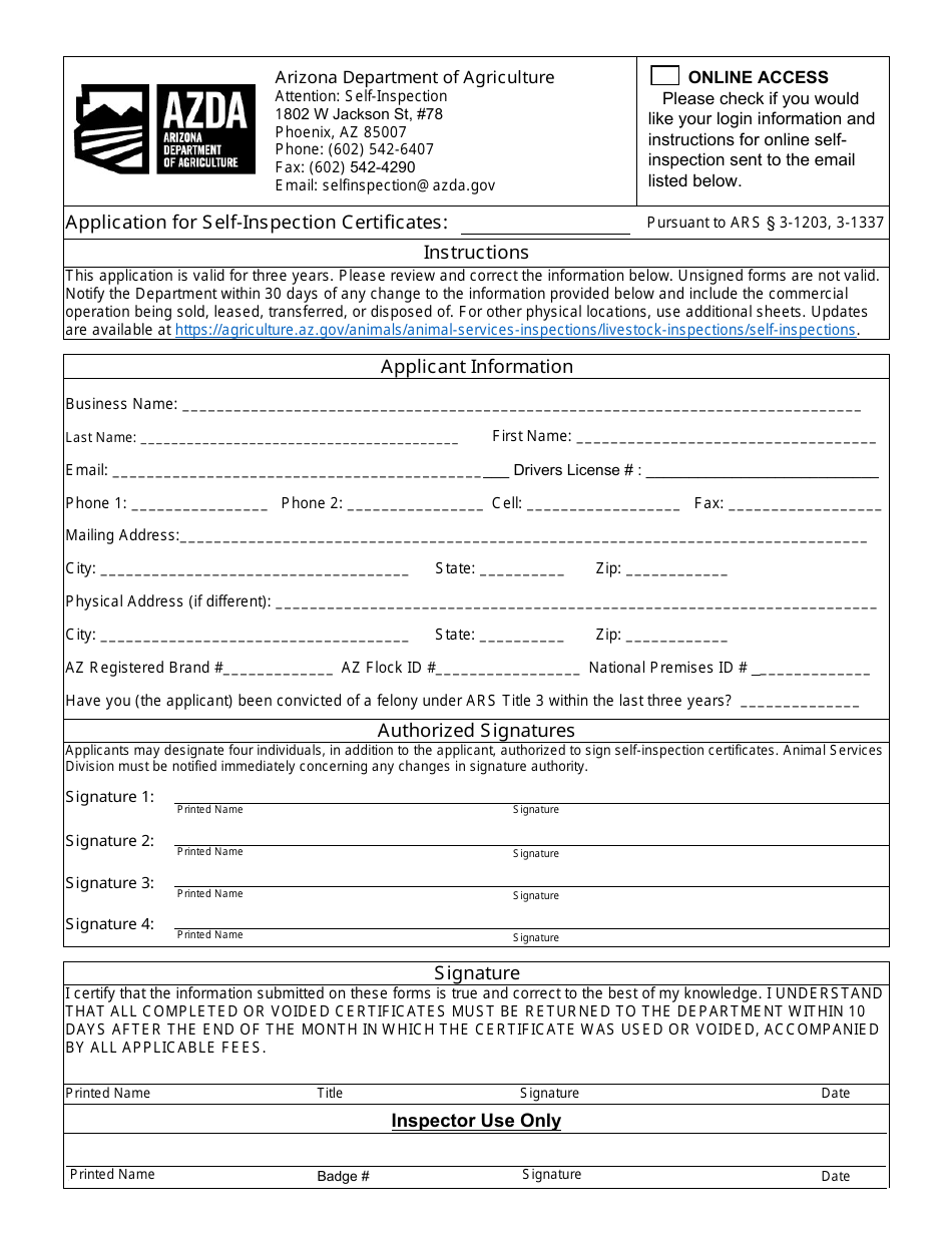 Application for Self-inspection Certificates - Arizona, Page 1