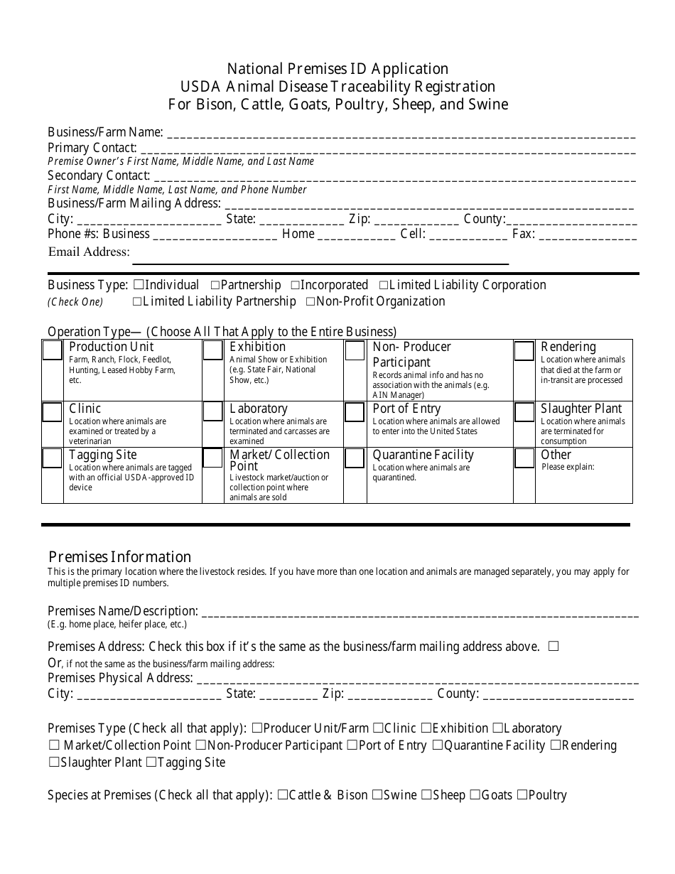 National Premises Id Application Usda Animal Disease Traceability Registration for Bison, Cattle, Goats, Poultry, Sheep, and Swine - Arizona, Page 1