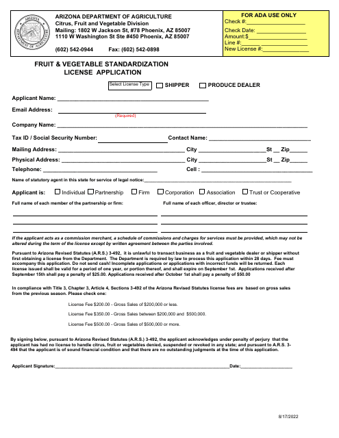 Fruit & Vegetable Standardization License Application - Arizona