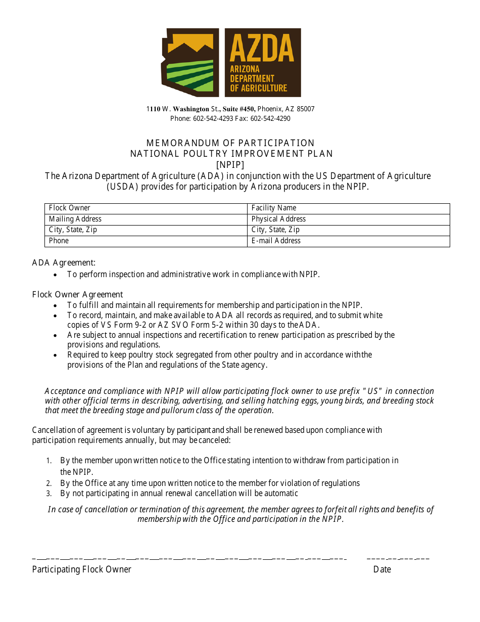 Memorandum of Participation - National Poultry Improvement Plan (Npip) - Arizona, Page 1