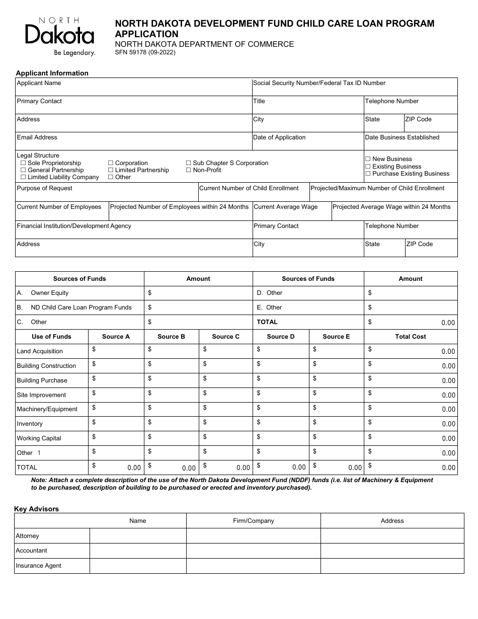 Form SFN59178 North Dakota Development Fund Child Care Loan Program Application - North Dakota, Page 1