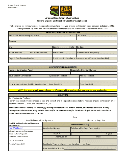 Federal Organic Certification Cost Share Application - Arizona Download Pdf