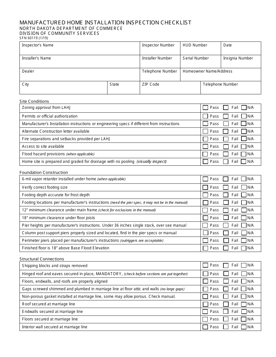 Form SFN60119 Manufactured Home Installation Inspection Checklist - North Dakota, Page 1
