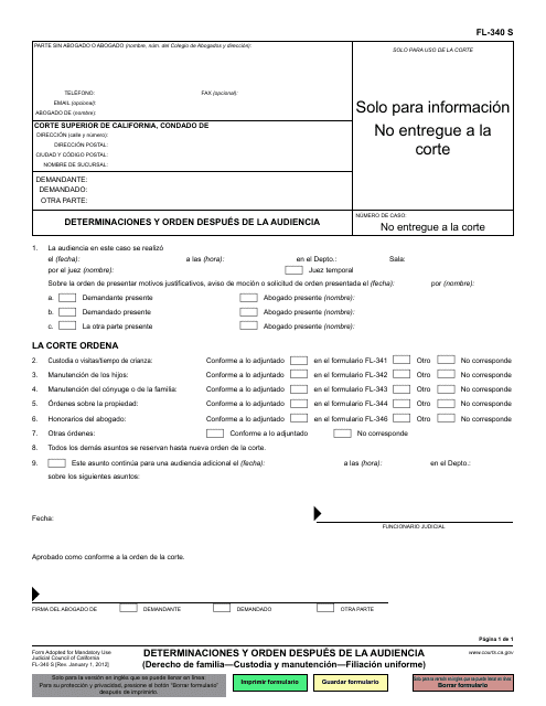 Formulario FL-340 Determinaciones Y Orden Despues De La Audiencia - California (Spanish)