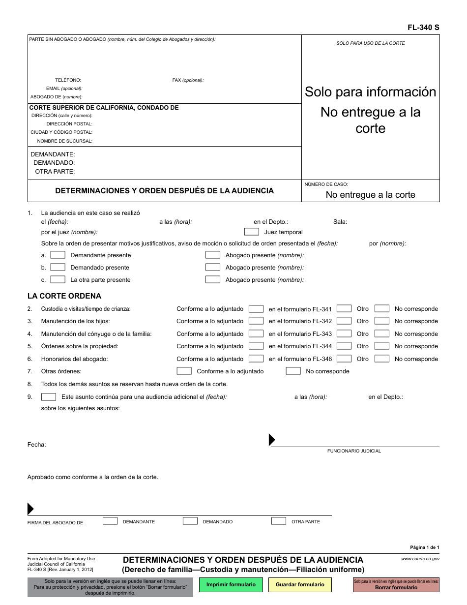 Formulario FL-340 Determinaciones Y Orden Despues De La Audiencia - California (Spanish), Page 1