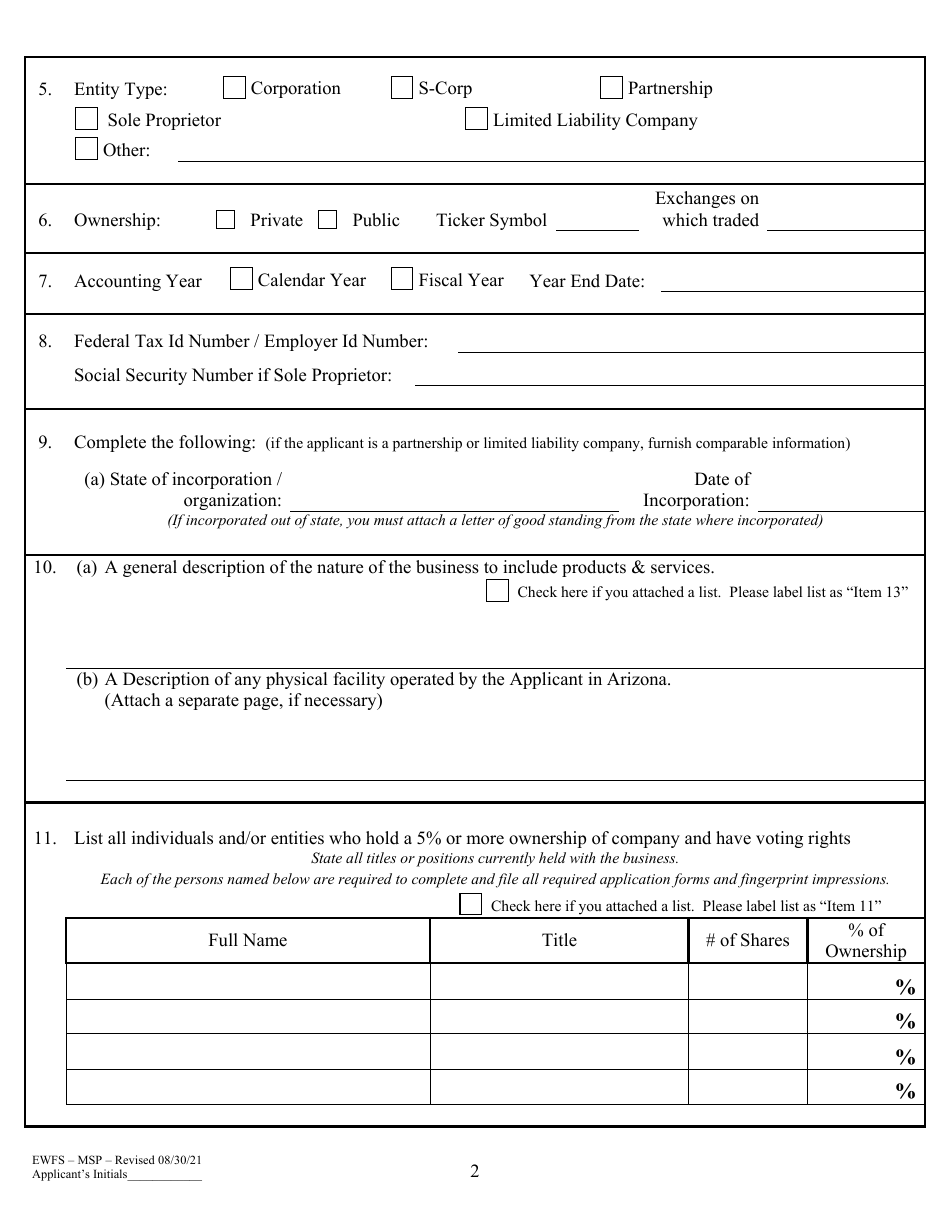 Management Services Provider  Management Company Application - Arizona, Page 5
