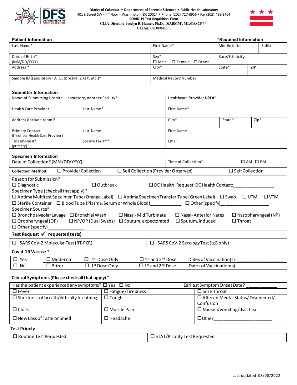 Covid-19 Test Requisition Form - Washington, D.C., Page 1