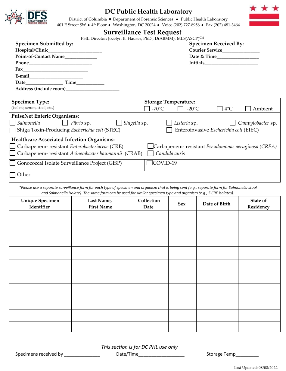 Washington, D.C. Surveillance Test Request - Fill Out, Sign Online and ...
