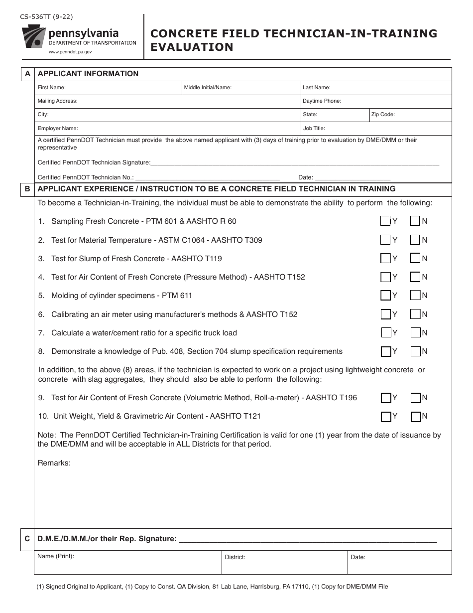 Form CS-536TT Concrete Field Technician-In-training Evaluation - Pennsylvania, Page 1