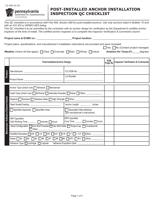 Form CS-698 Post-installed Anchor Installation Inspection Qc Checklist - Pennsylvania