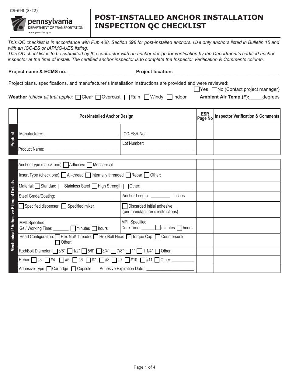 Form CS-698 Post-installed Anchor Installation Inspection Qc Checklist - Pennsylvania, Page 1