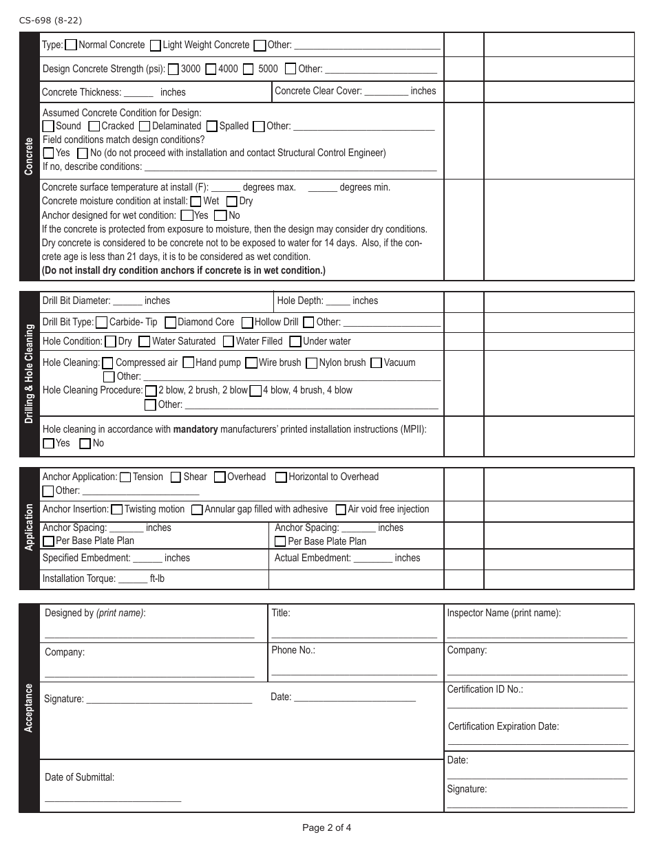 Form CS-698 Post-installed Anchor Installation Inspection Qc Checklist - Pennsylvania, Page 2