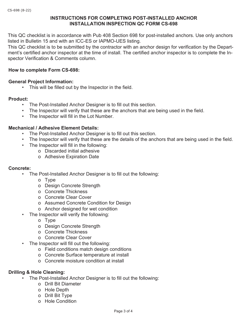 Form CS-698 Post-installed Anchor Installation Inspection Qc Checklist - Pennsylvania, Page 3