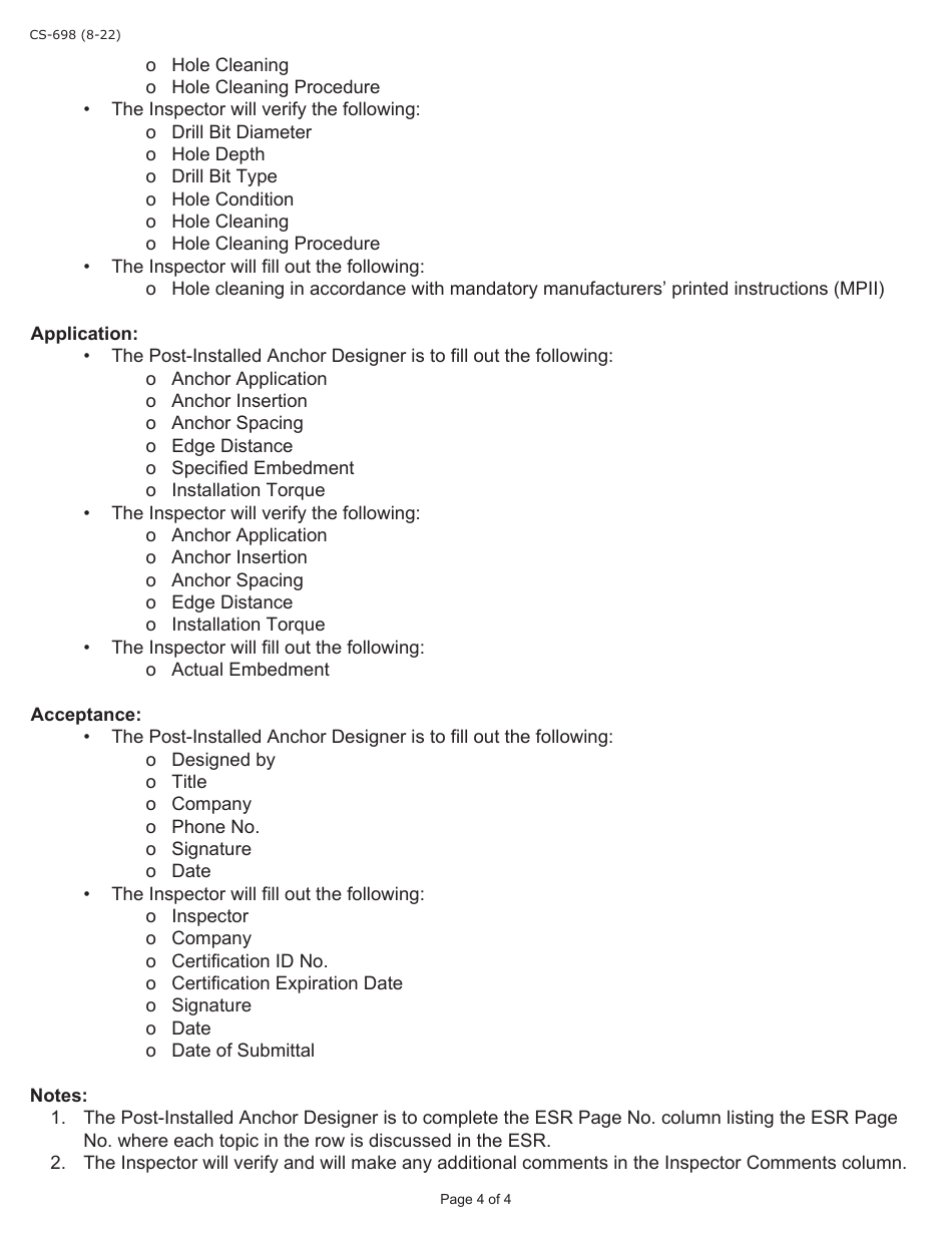 Form CS-698 Post-installed Anchor Installation Inspection Qc Checklist - Pennsylvania, Page 4